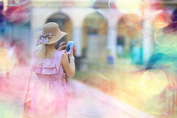 sun tourism mediterranean city female, sunny glare background, abstract old town, vacation street...