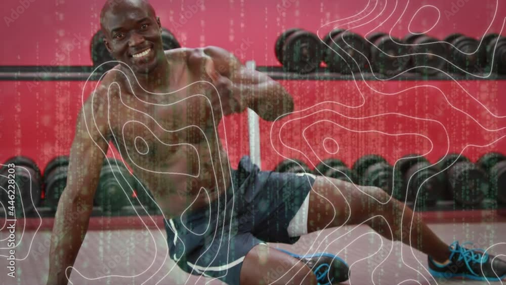 Poster animation of data processing and white lines over man doing push ups