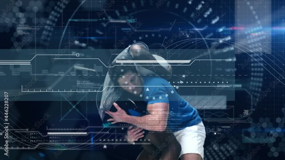 Poster animation of data processing and scope scanning over rugby player