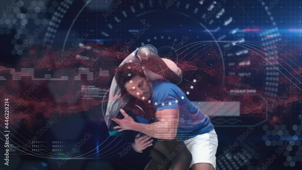 Poster animation of data processing and scope scanning over rugby players