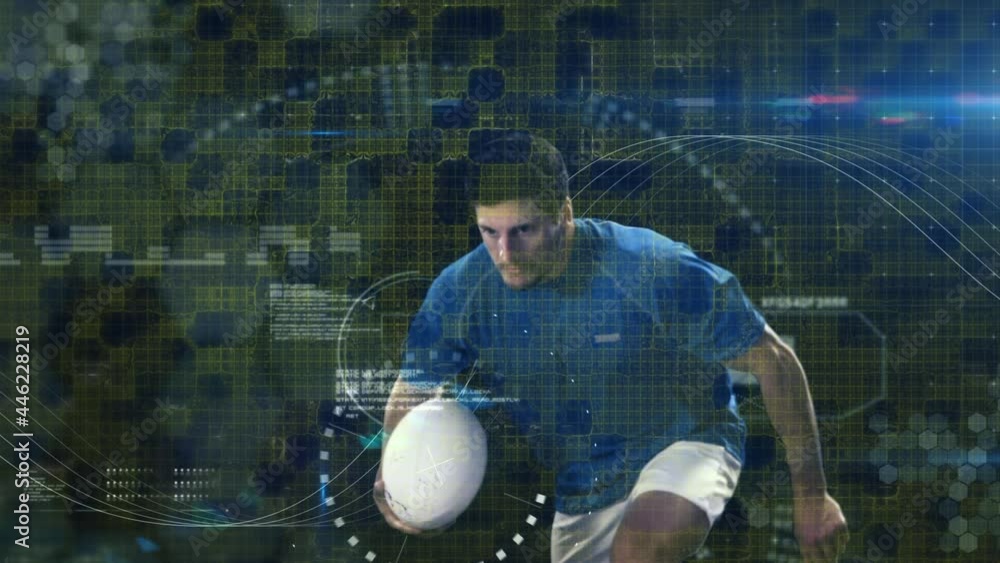 Poster animation of data processing and scope scanning over rugby player