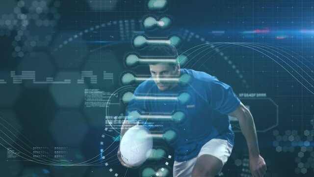 Animation of data processing and dna strand over rugby player