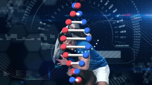 Animation of data processing and dna strand over rugby players