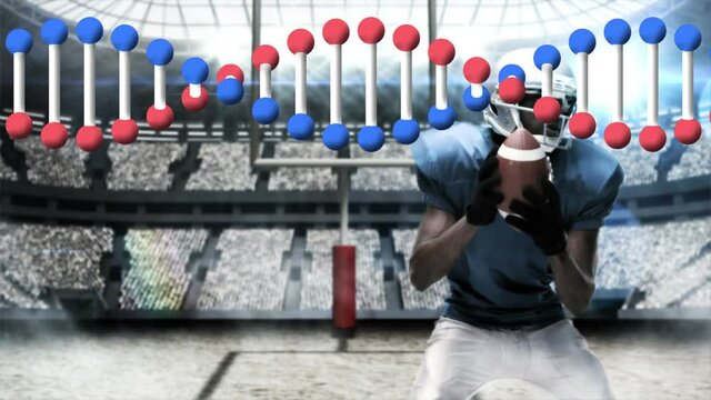 Animation of dna strand over rugby player on stadium