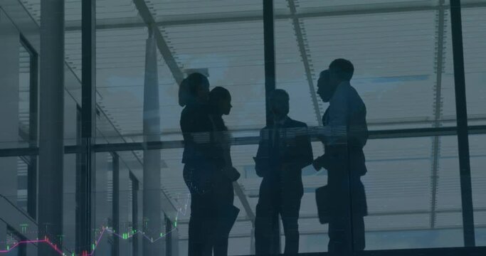 Animation of financial data processing over business people working in office