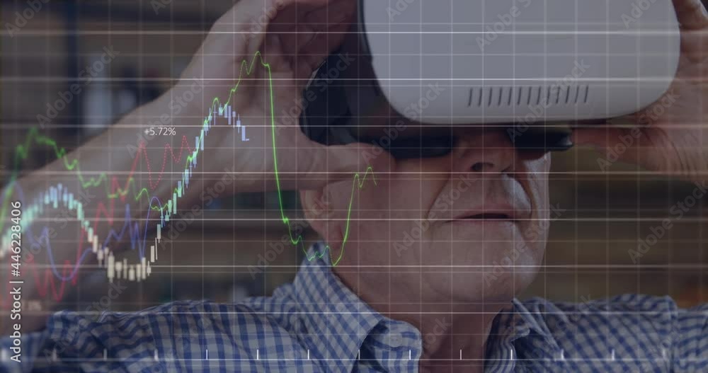 Poster animation of financial data processing over businessman using vr headset
