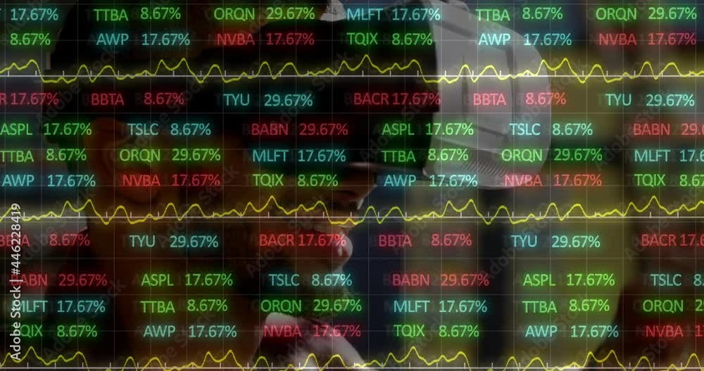 Poster animation of financial data processing over businessman using vr headset
