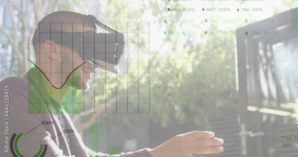 Aufkleber animation of financial data processing over businessman using vr headset