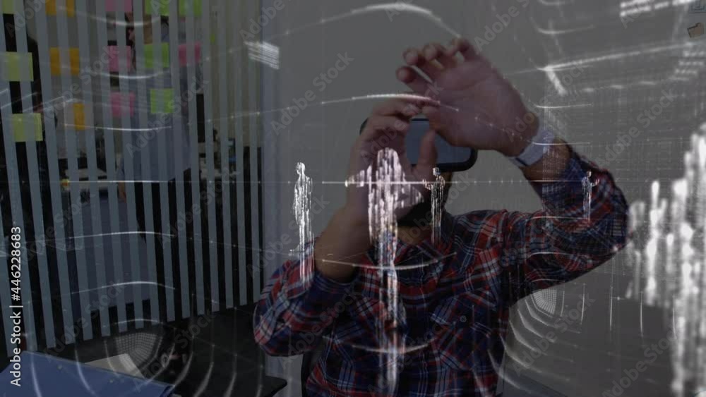 Poster animation of financial data processing over businessman using vr headset