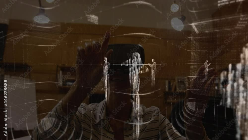 Poster animation of financial data processing over businessman using vr headset