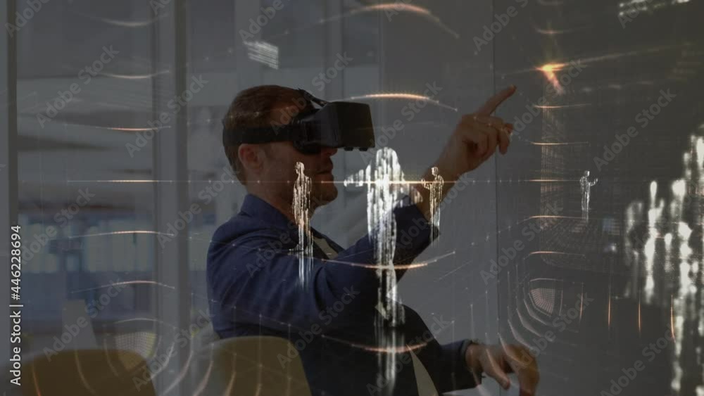 Poster animation of financial data processing over businessman using vr headset