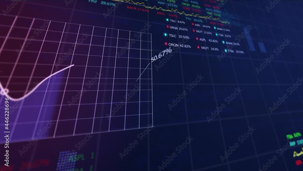 Poster animation of financial data processing on blue background