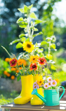  Yellow boots and green watering can with flowers. Image with selective focus