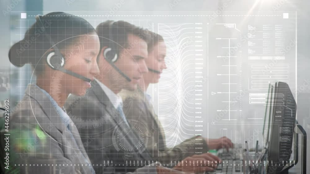 Aufkleber animation of financial data processing over business people working in office