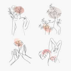 Woman&rsquo;s gesture line art vector feminine pastel illustration collection