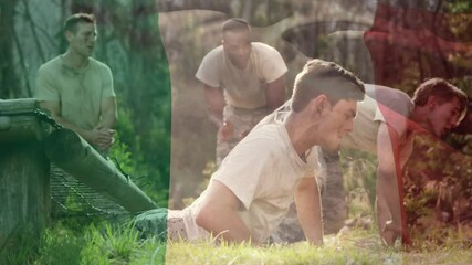 Animation of flag of italy waving over soldiers exercising in forest - Powered by Adobe