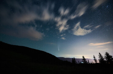Wonderful blue sky with white clouds at night and beautiful nature with trees. Concept of fresh air and incredible beauty nature at night.