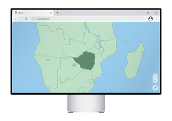 Computer monitor with map of Zimbabwe in browser, search for the country of Zimbabwe on the web mapping program.