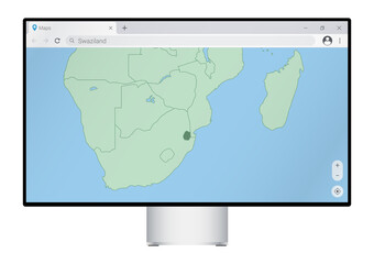 Computer monitor with map of Swaziland in browser, search for the country of Swaziland on the web mapping program.