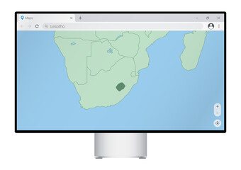 Computer monitor with map of Lesotho in browser, search for the country of Lesotho on the web mapping program.