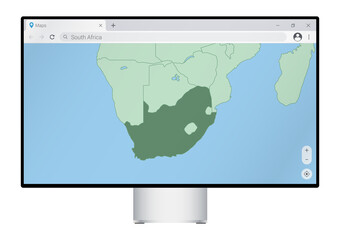 Computer monitor with map of South Africa in browser, search for the country of South Africa on the web mapping program.