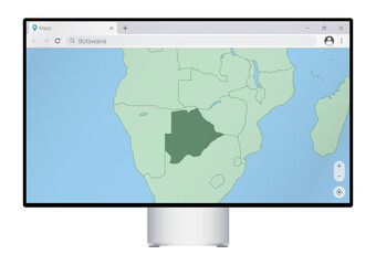 Computer monitor with map of Botswana in browser, search for the country of Botswana on the web mapping program.
