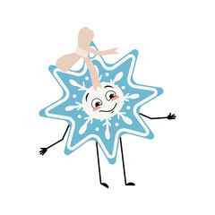 Cute Christmas snowflake with smile emotions, happy face, arms and legs. Joyful New Year festive decoration with eyes