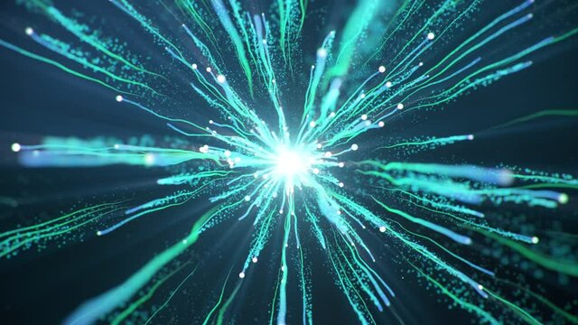 Abstract big bang in space. Flying particles in space with an accelerated-delayed effect. Two particles bump into each other. The particles after the big bang fill the entire space. 4K 3D Animation