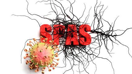 Degradation and spas during covid pandemic, pictured as declining phrase spas and a corona virus to symbolize current problems caused by epidemic, 3d illustration