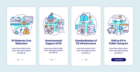 EV market trends onboarding mobile app page screen. Electric car charging walkthrough 4 steps graphic instructions with concepts. UI, UX, GUI vector template with linear color illustrations