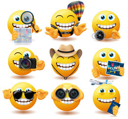 Emoji travel smiley vector set. Emoticon travelling characters with map, compass and hat explore and adventure elements for traveller character collection design. Vector illustration
