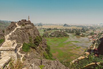 Scenic view of beautiful karst scenery and rice paddy fields