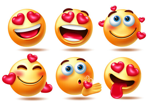 Smileys love emoticon vector character set. Smiley in love 3d emoji characters with hearts element in happy and flying kiss facial expressions for inlove emojis collection design. Vector illustration
