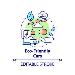Eco friendly cars concept icon. EV advantages abstract idea thin line illustration. Alternative fuel. Smart ecological solutions. Vector isolated outline color drawing. Editable stroke