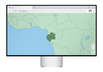 Computer monitor with map of Gabon in browser, search for the country of Gabon on the web mapping program.