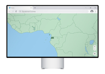 Computer monitor with map of Equatorial Guinea in browser, search for the country of Equatorial Guinea on the web mapping program.