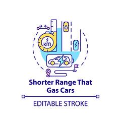 Electric vehicles short range concept icon. EV tailpipe emissions making abstract idea thin line illustration. Environmentally friendly car. Vector isolated outline color drawing. Editable stroke