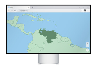 Computer monitor with map of Venezuela in browser, search for the country of Venezuela on the web mapping program.