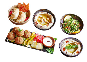 Five plates and bowls with mezze appetizer isolated