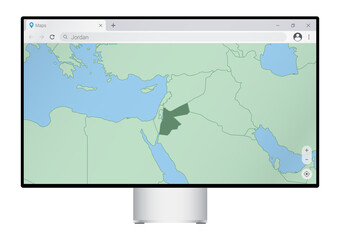 Computer monitor with map of Jordan in browser, search for the country of Jordan on the web mapping program.