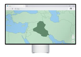 Computer monitor with map of Iraq in browser, search for the country of Iraq on the web mapping program.