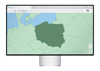 Computer monitor with map of Poland in browser, search for the country of Poland on the web mapping program.