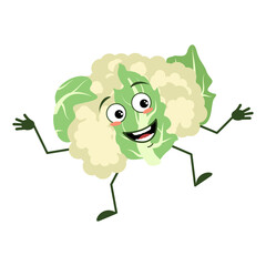 Cute cauliflower character cheerful with emotions dancing, smile face, arms and legs. The funny, happy or smile hero, joyful green vegetable, cabbage 