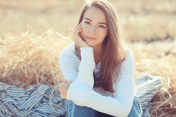 Obraz premium beautiful long hair brunette field summer wind, healthy long hair beautiful girl nature