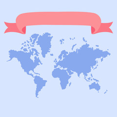 World map and ribbon template for text. Vector illustration