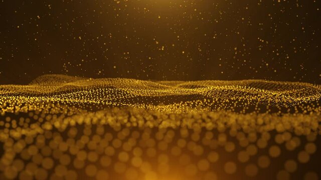 Abstract background of golden glittering, shining particles. Digital signature with wave particles, sparkle. Beautiful gold floating particles with shine light rise up. Seamless Loopable 3D. 4K