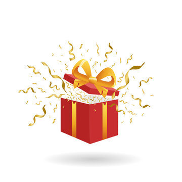 Open Red Gift Box With Gold Streamers And Confetti Isolated On White Background. 3d Image. Vector Illustration.