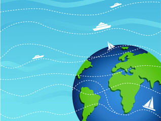 Banner Tourist travel around the globe. international cargo transportation. travel ship around the world.