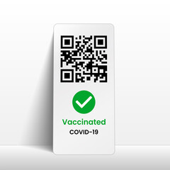 Vaccination certificate covid 19. Qr-code on mobile phone. Coronavirus. Smartphone rests on the wall. Template, mockup. Realistic 3d vector