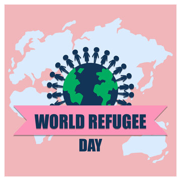 World Refugee Day banner with people around globe on world map background